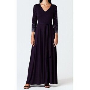 MSK Beaded Maxi Dress Women's Medium  Sheath Purple Pearl 3/4 Sleeve